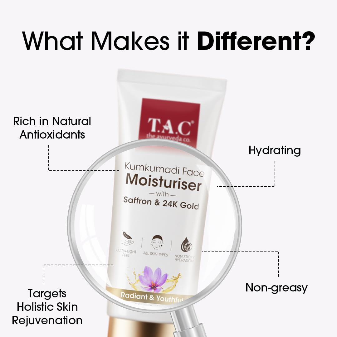 TAC-Ayurveda Company Kumkumadi Gold Glow Face Moisturizer because Saffron and 24K Gold | Non-Sticky and Hydrating Face Cream | Reduces pigmentation and spots. TAC-Ayurveda Company Kumkumadi Gold Glow Face Moisturizer because Saffron and 24K Gold | Non-Sticky and Hydrating Face Cream | Reduces pigmentation and spots.
