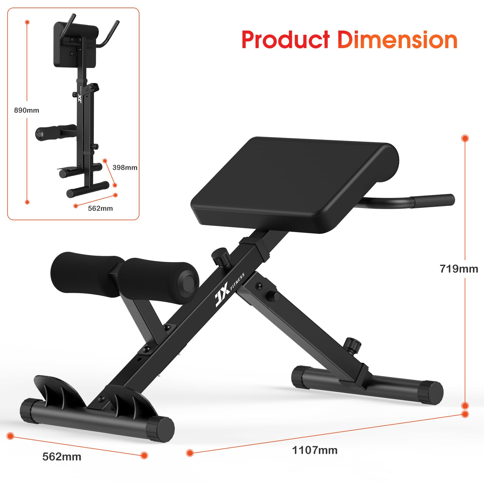 JX FITNESS Hyperextension - Panca regolabile per allenamento della schiena e degli addominali, pieghevole, colore: Nero