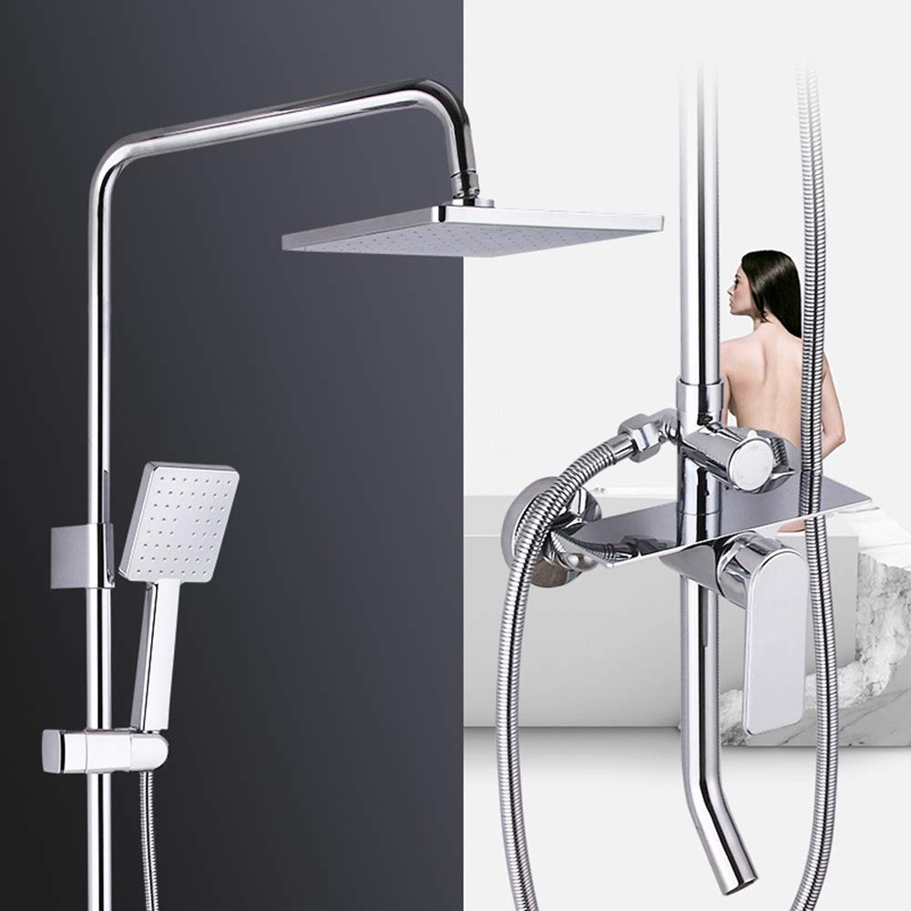 GLJTUO Shower system, 3 Modes and Cold Shower Set Brass Shower Faucet 23cm Square Top Spray Shower System Silver Shelf Not Rusting