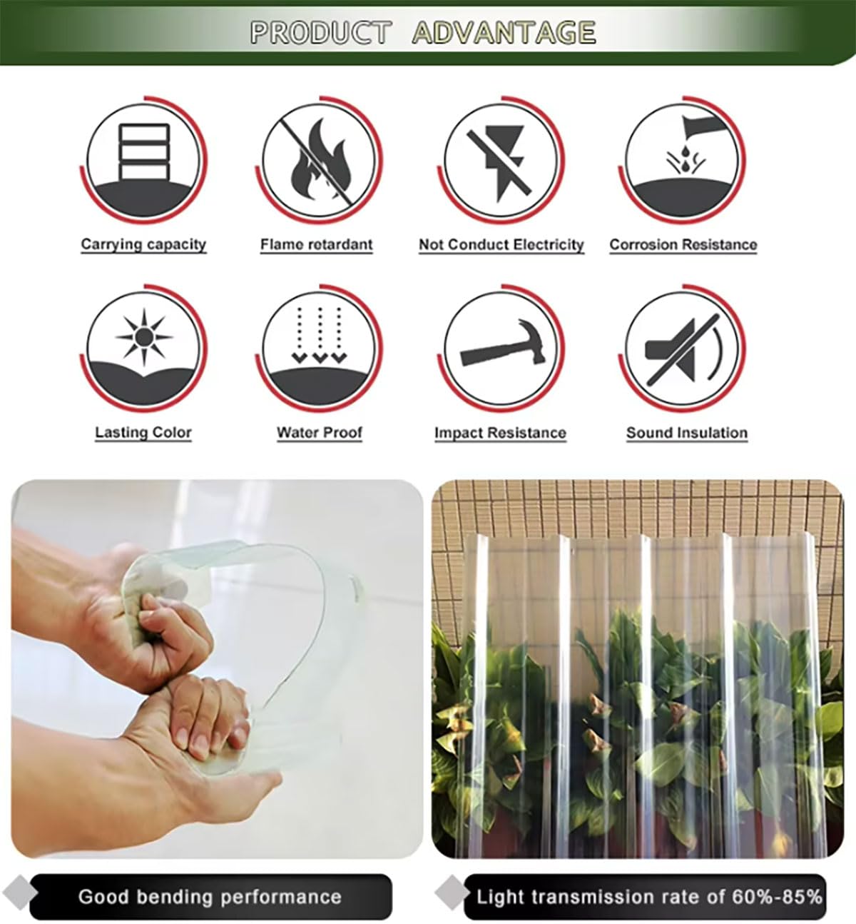 Wellplatte aus Polycarbonat FRP lichtdurchlässig, 80% Lichttransmission, bruchsicher, UV-Schutz, für Gewächshaus, Carport, Überdachung Dicke 1,2 mm(Size:5pcs,Color:0.9x1.8m/35.4x70.86in)