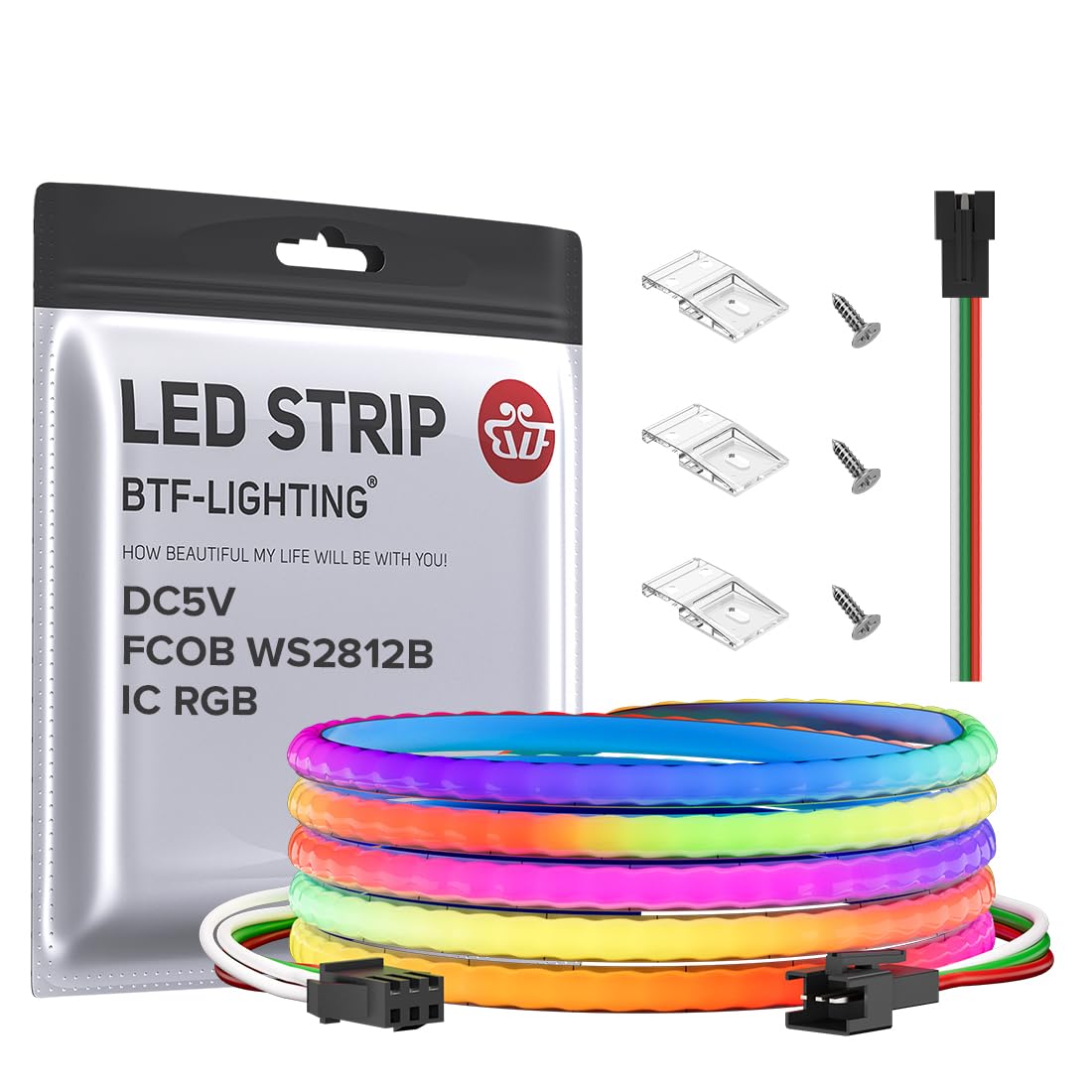BTF-LIGHTING WS2812B FCOB COB Tira LED RGB Direccionable Individualmente Chasing Colour 5m 160LEDs/m alta densidad DC5V IP30 uniforme regulable cinta flexible para fiesta gaming cocina DIY (Solo Tira)