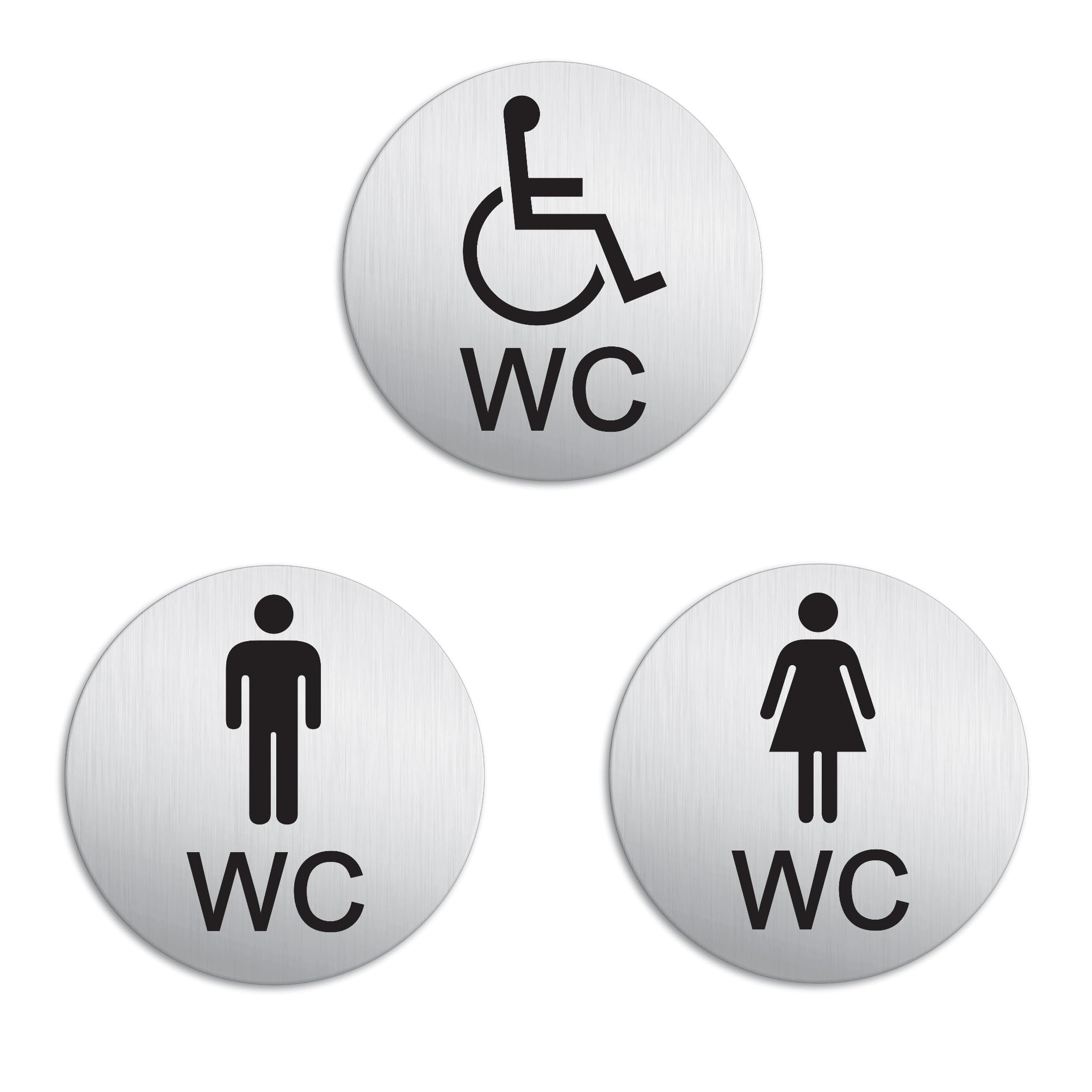 Señales Baño WC Mujeres + Hombres + Minusválidos Ø 100 Aluminio optica acero inoxidable adhesivo No.53254-K