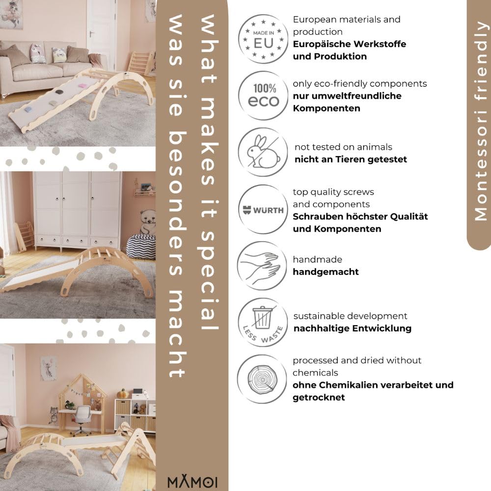 MAMOI® Kletterbogen mit Rutsche, Kletterdreieck, Klettern, Klettergerüst aus Holz, Holzbogen, Rutschbrett für Spielplatz, Klettergerüst Indoor