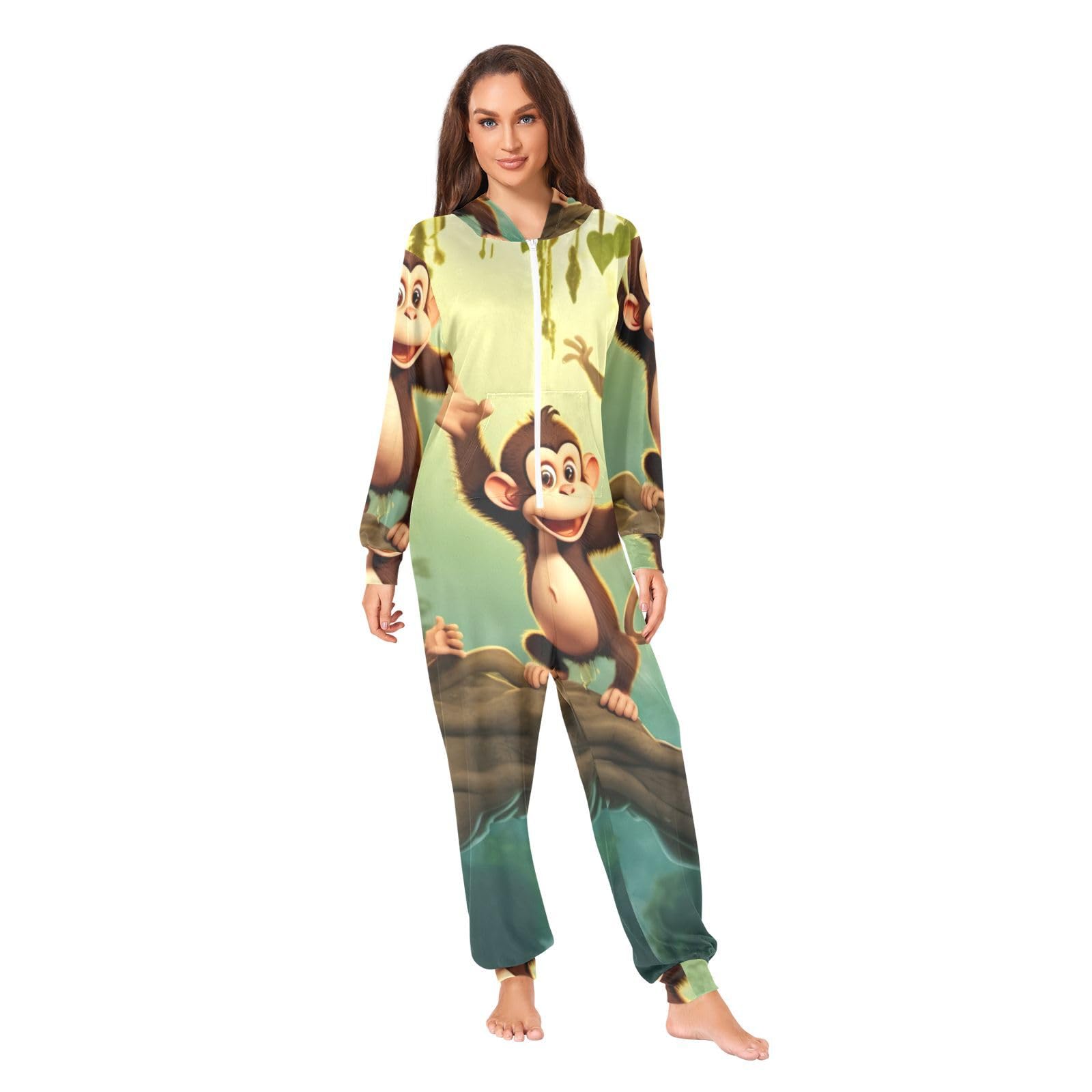 GAIREG Jungle Monkeys Onesie Pjs Adult Womens, ciepła jednoczęściowa piżama z kapturem