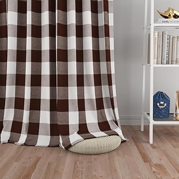Curtains for Windows Buffalo Check Plaid Gingham Drapes Rod Pocket Cotton Curtain Panels 92 inch Length Farmhouse Kitchen Curtains 2 Panels Living Room Bedroom Basement Coffe Brown White 52"x92"