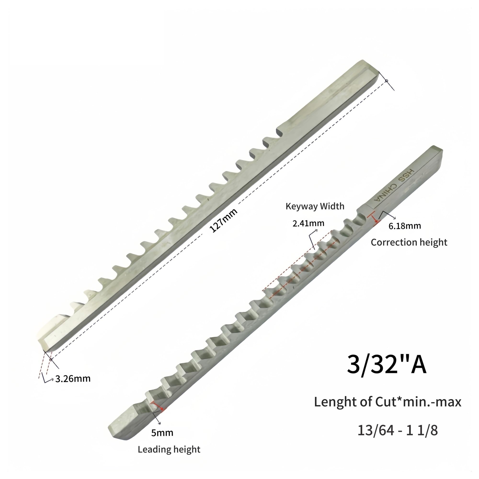 Brocas de chavetero de tipo empuje serie A, herramientas de chavetero HSS for máquinas herramienta CNC A1-2/3 mm 1/16''A 1/8''A 3/32''A Resistencia al calor(2.39 A)