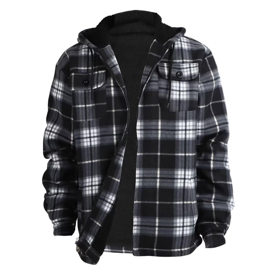 LeeHanTon Mens Flannel Jacket Heavyweight Sherpa Fleece Jackets Outdoor Hiking Casual Soft Warm Coat with Pockets
