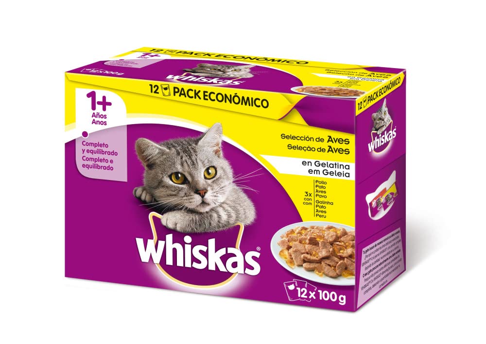 Whiskas Comida Húmeda para Gatos Selección Aves en Gelatina, Multipack (Pack de 4 x 12 Bolsitas x 100g)