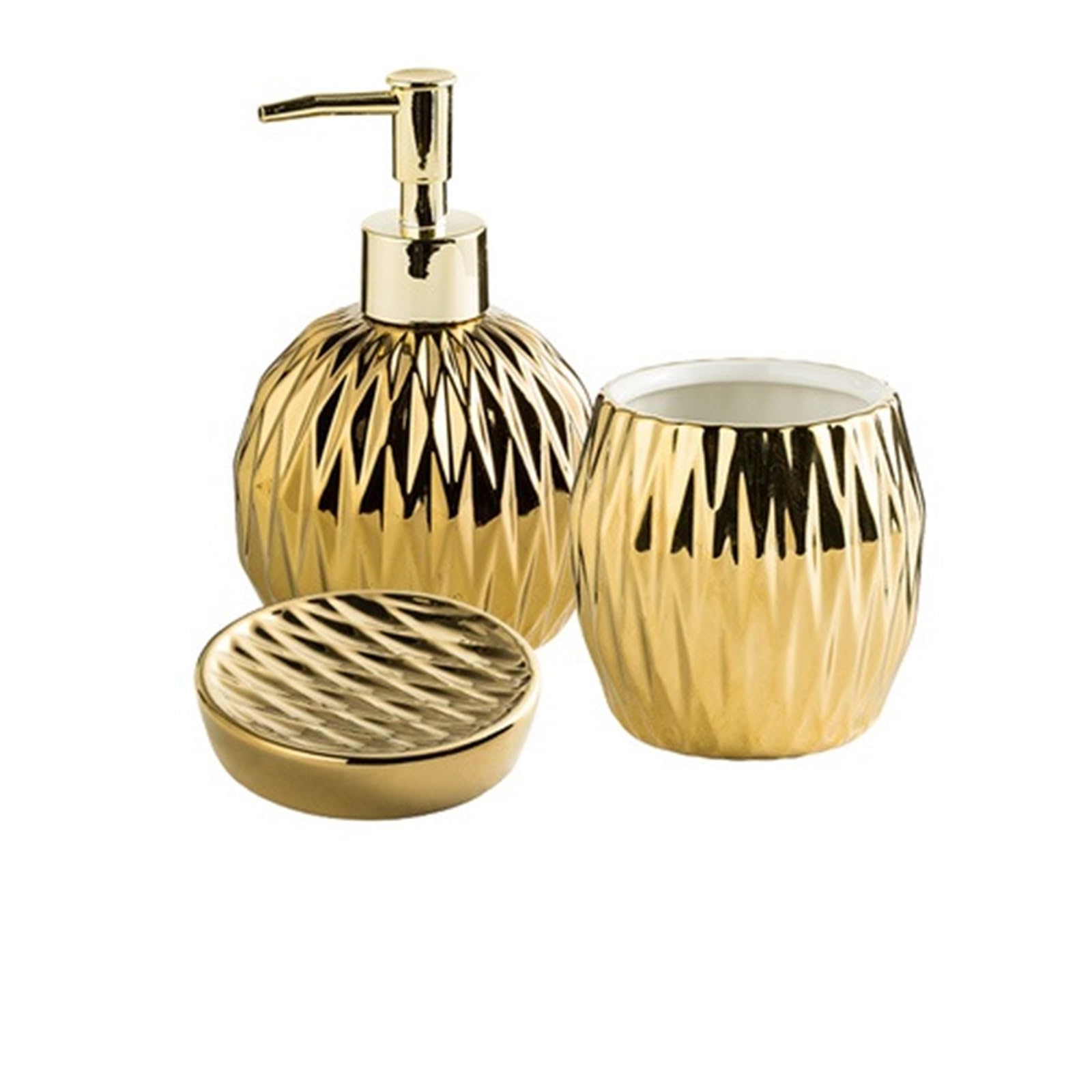 Soap Dish Set Light Luxury Electroplated Ceramic Wash Set Creative Soap Dispenser Mouthwash Cup Dish Bathroom(A-3 piece set)