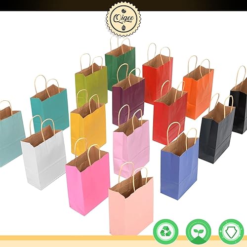 Miniatura 6 de qiqee Paquete de 32 bolsas de papel con asas a granel de 7.6 x 4.75 x 10.5 pulgadas, bolsas de regalo medianas de 16 bolsas de diferentes colores