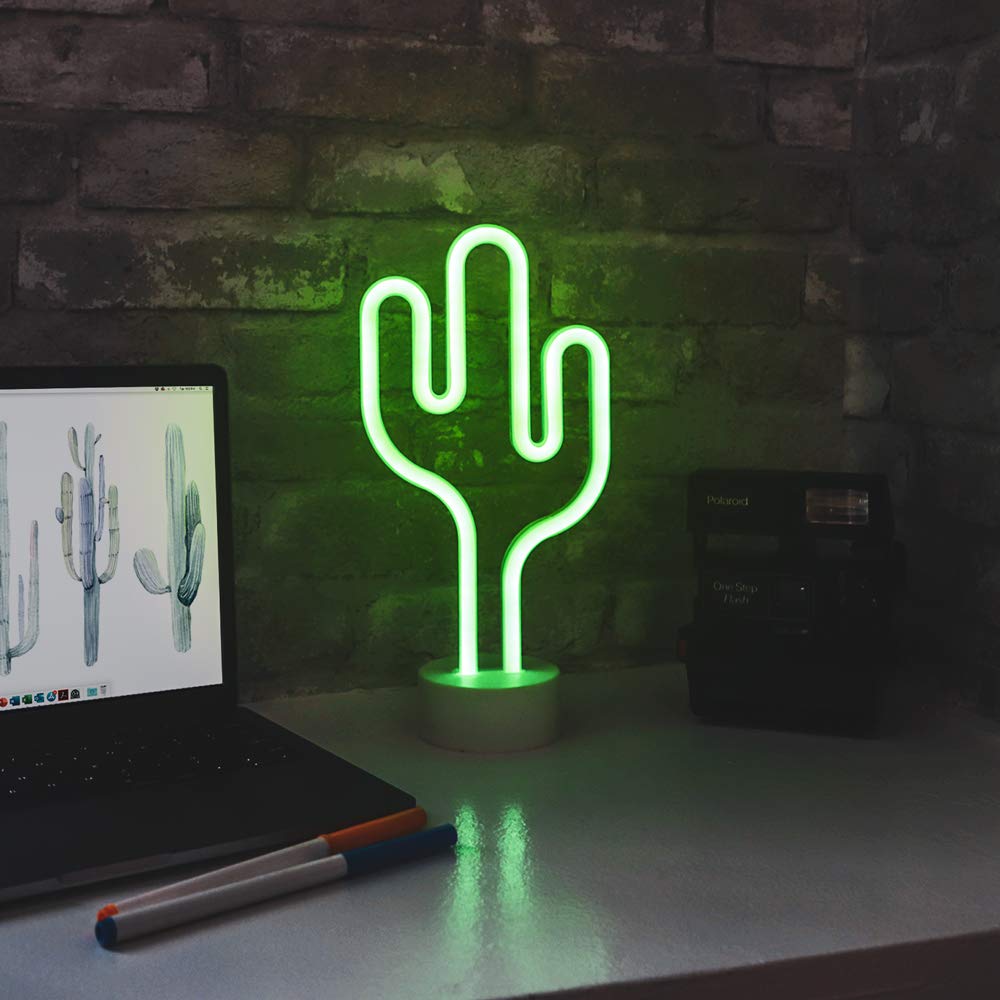 Isaac Jacobs - Cartello da tavolo a LED neon per luce fredda, decorazione da tavolo, camera da letto, accessori per la casa, feste e decorazioni per le vacanze Art Deco Cactus verde.