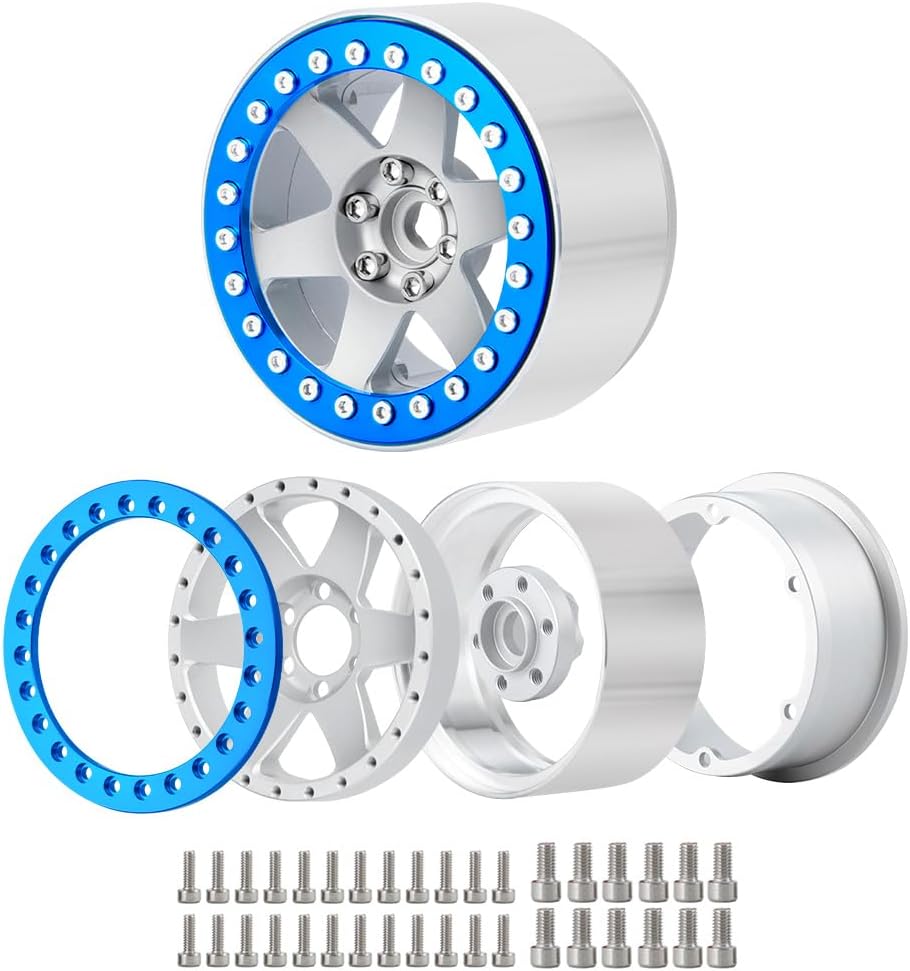 RCLIONS 2.2" Beadlock Wheels 35mm Aluminum Rims for AXIAL Wraith RR10 TRX4 1/10th RC Crawler Truck Car (Matte Silver&Blue)