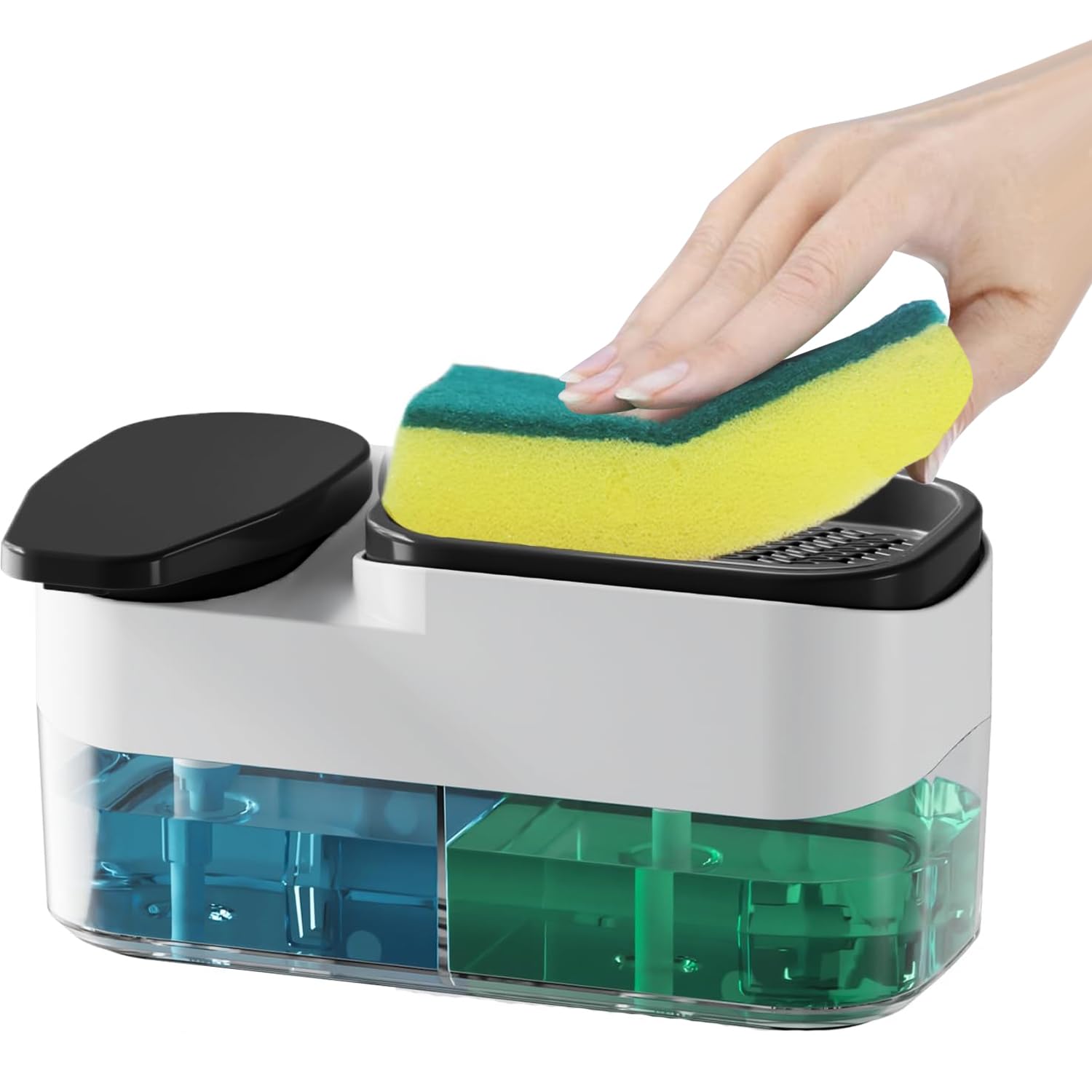 Angju2-in-1 Kitchen Sink Dish Soap Dispenser and Sponge Holder with Sponge, Wall Mount with Hook/Freestanding Kitchen Soap Dispenser Set, Kitchen Dish Soap Dispenser