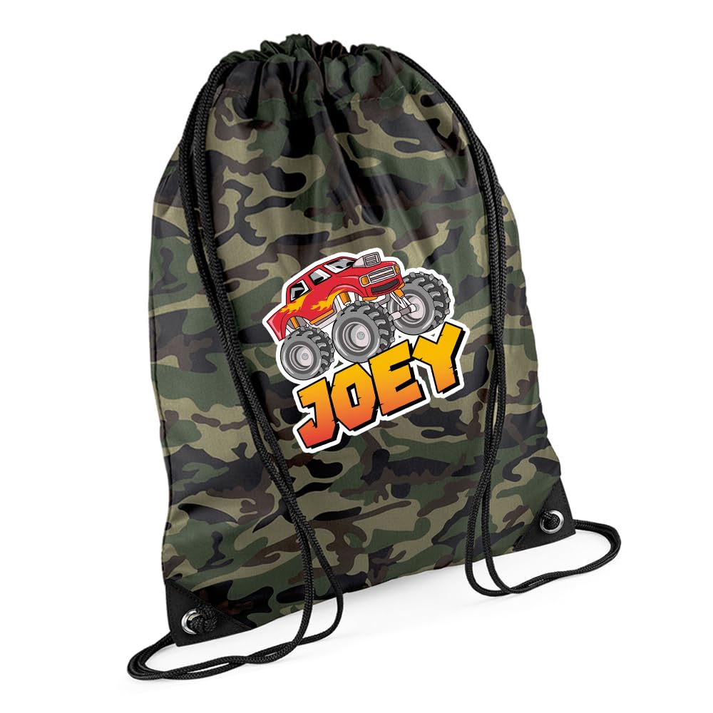 Getagift Personalised Monster Truck Gift – Custom Name Design, Ideal for Boys, PE Gym Kit Swimming, Sport Rucksack. (Jungle Camo)