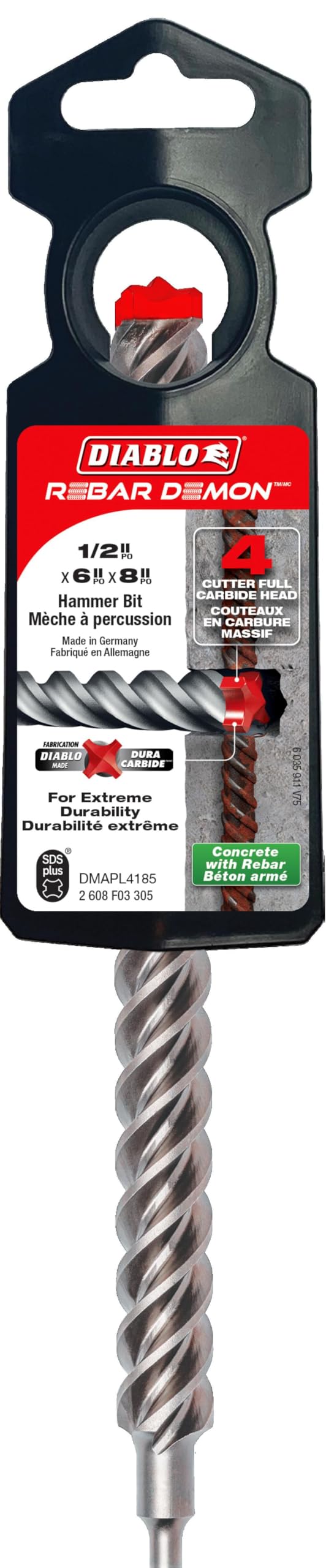 Diablo Rebar Demon SDS-Plus 4-Cutter Full Carbide Head Hammer Drill Bit - 1/2" Diameter, 8" Length, 6" Working Length - DMAPL4185 by Diablo - Image 4