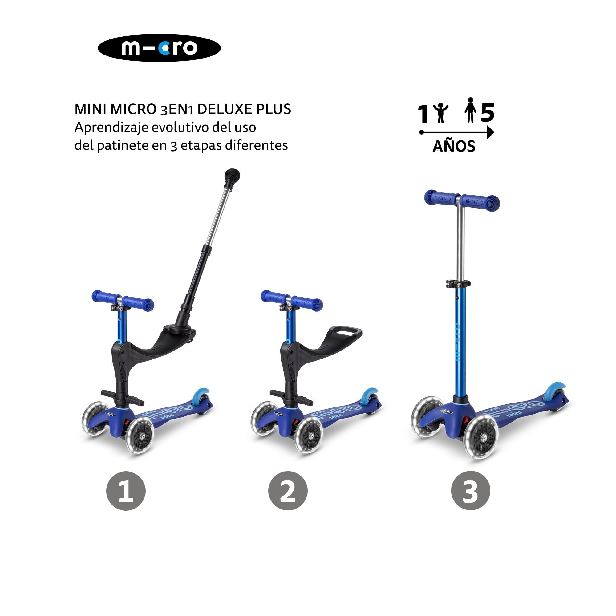 Micro Mini 3en1 Deluxe Plus LED – Patinete Evolutivo Con Asiento, Reposapiés Y Bastón De Empuje, Ruedas Con Luces, Para Niños De 1 A 5 Años, Regalo Para Aprender Equilibrio Y Coordinación