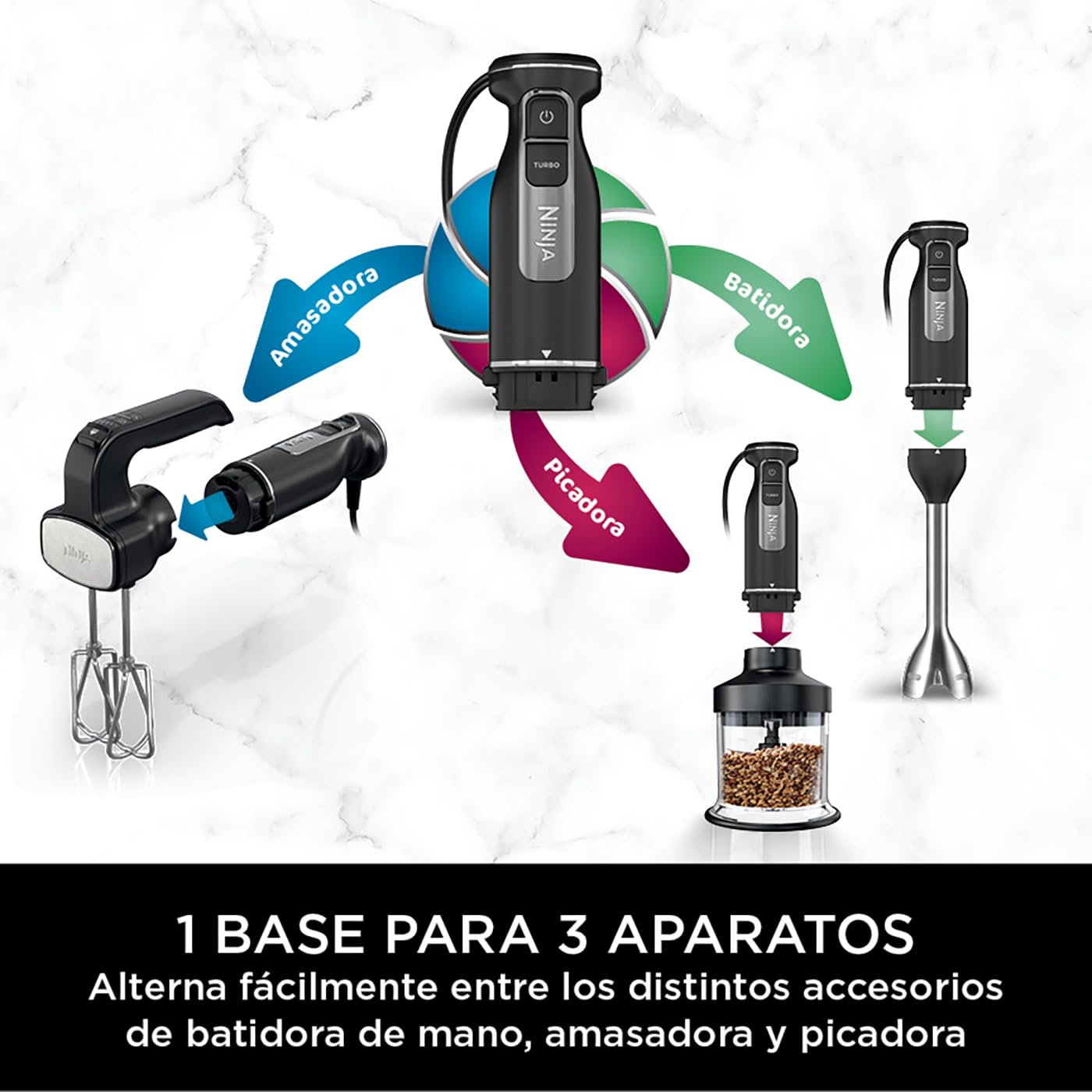 Ninja Foodi Batidora de mano 3 en 1, 850 W, 2 velocidades de batido y 5 velocidades de mezclado para picar, mezclar, amasar, batir y más, piezas aptas para lavavajillas, en negro, CI100EU