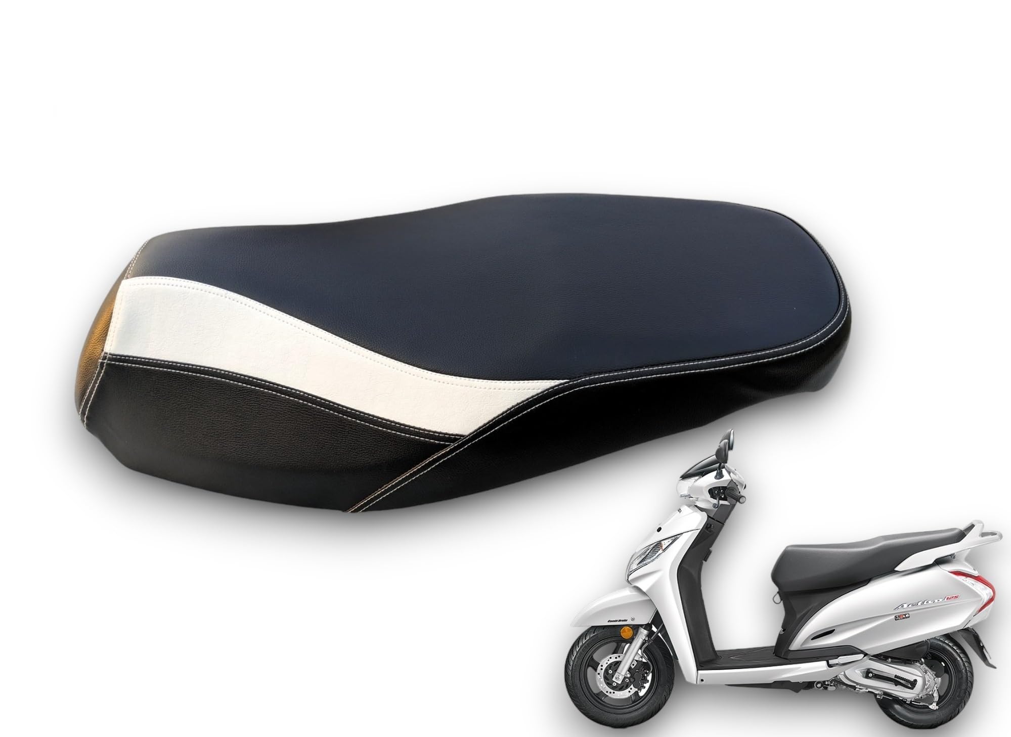 Activa 125 BS6 Bike SEAT Cover,PU Leather Black White Colour,6 mm Cushion Foam.Rope provided,Ready to fit,Quality and Fitting Tested-image-39