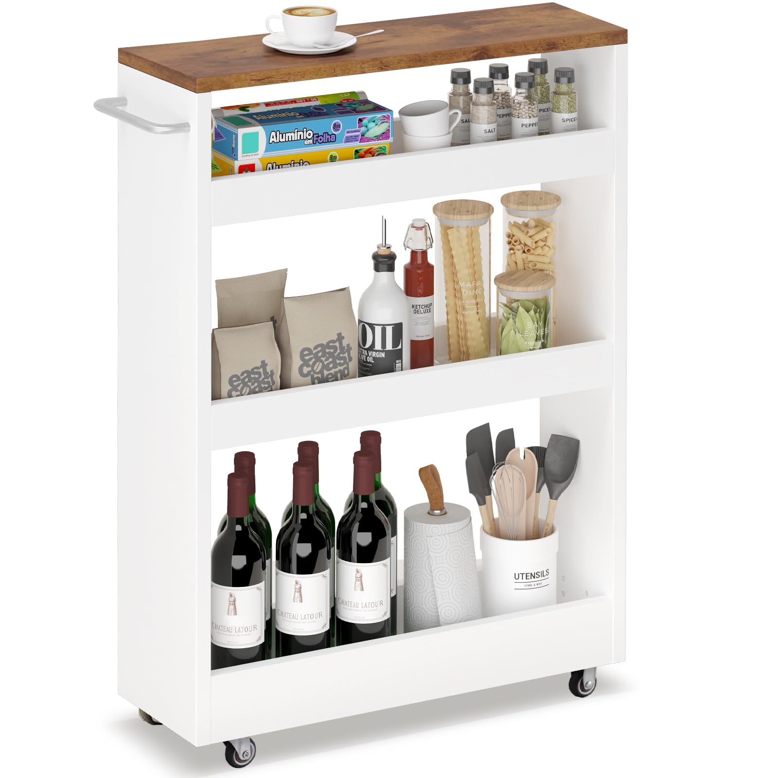 Photo 1 of TEAMIX Wood 4-Tier Slim Rolling Storage Cart - White