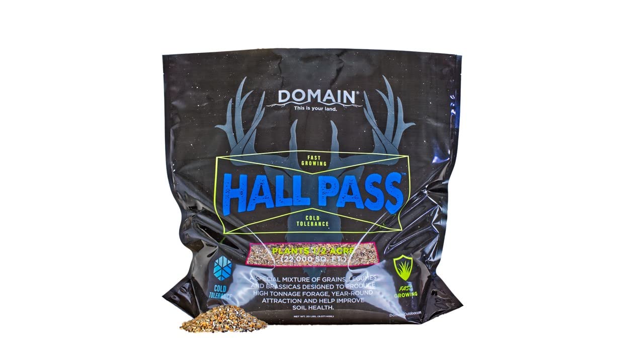Domain Outdoor Hall Pass Food Plot Seed for Deer, 1/2 Acre, Special Varieties of Rye, Wheat, Clovers and Brassicas, High Tonnage Fall and Winter Food Source, 20 Lb.
