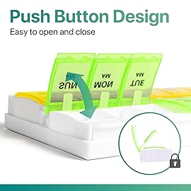 Sukuos AM PM Weekly Pill Organizer 7 Day, 2 Times A Day Medicine Pill Box with Easy Push Button, BPA Free Vitamin Cases for Fish Oil/Supplements, Easy to Clean (Yellow&Green)