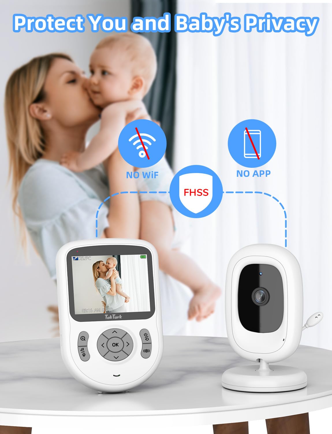 TakTark Elektroniczna niania z kamerą 2,8 cala, wideo-niania 720p, IPS, bez Wi-Fi, akumulator 750 mAh, 2-drożne rozmowy, tryb VOX, 3 x zoom cyfrowy, widoczność w nocy, monitorowanie temperatury,