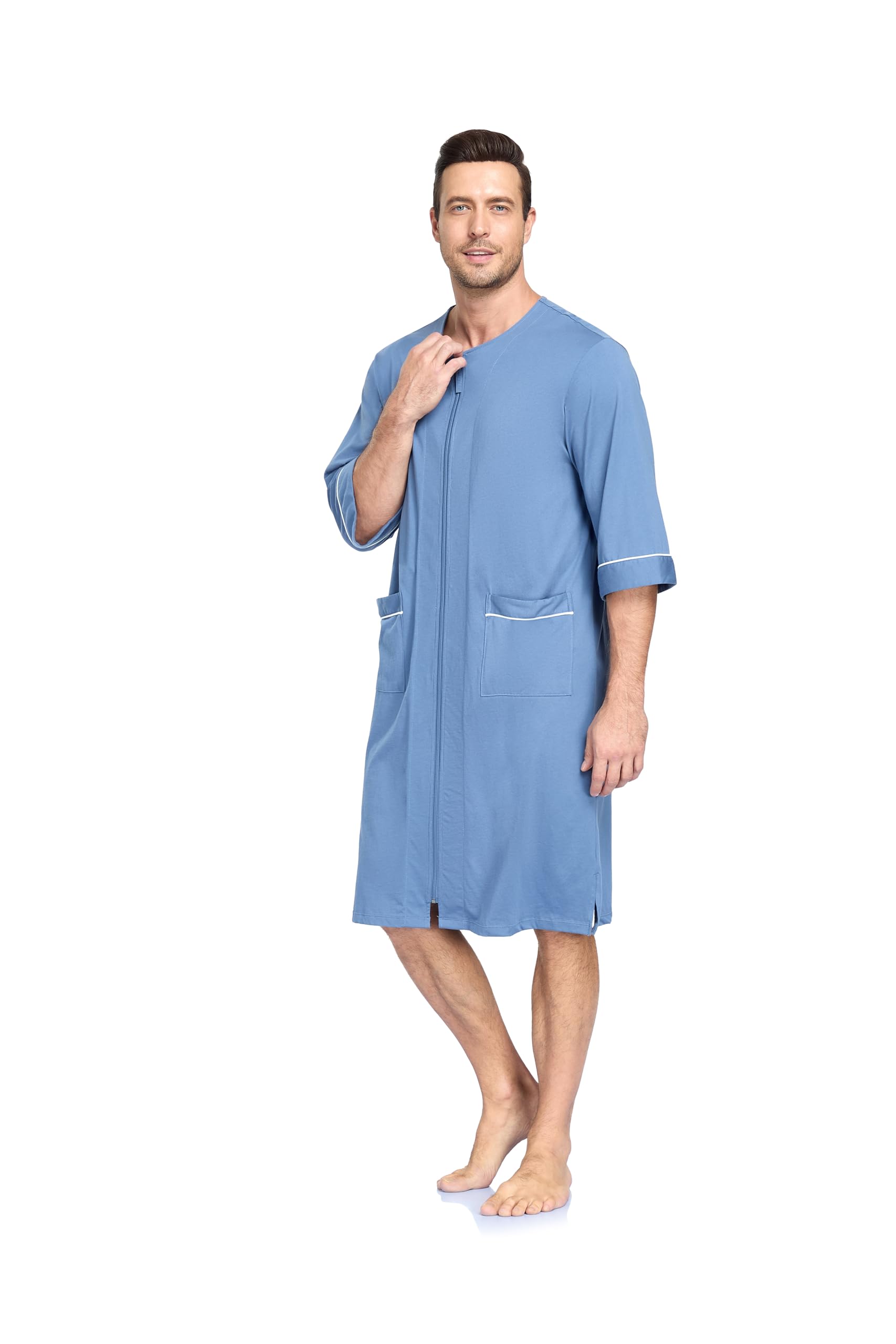 EA'S SECRET Herren 100% Baumwolle Morgenmantel Weicher Reißverschluss Bademantel Kurzarm Sommer Kimono Hausmantel Mit Taschen