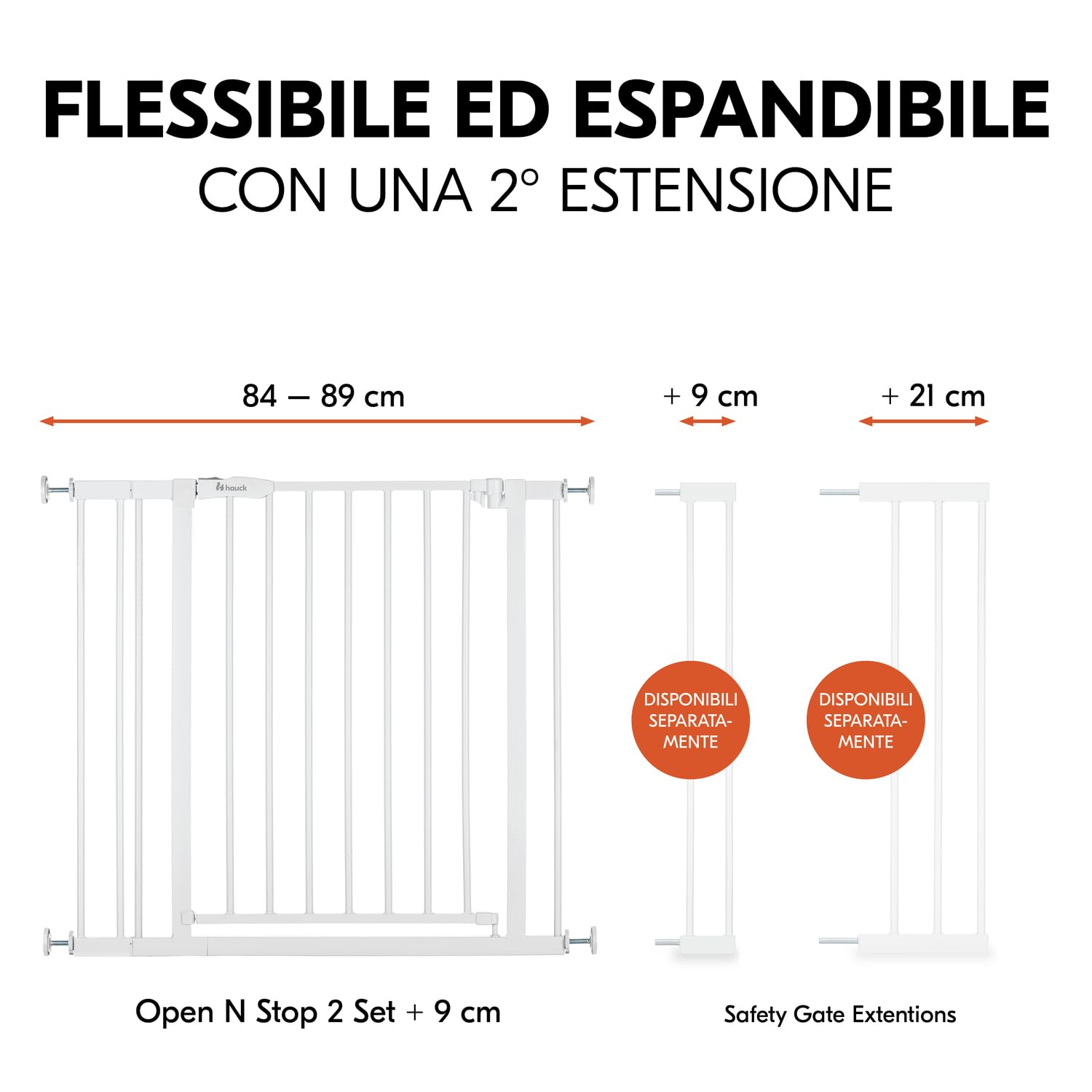 hauck Cancelletto di Sicurezza per Bambini Open N Stop 2, Incl. Estensione 9cm - Cancelletto per Bambini per Aperture da 84-89cm, Apertura Una Mano, Chiusura Manuale, Senza Forare - Metallo, Bianco