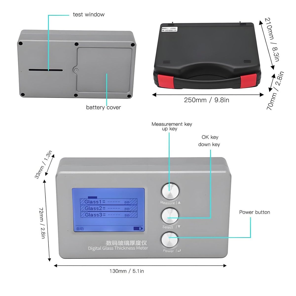 Medidor digital de grosor de vidrio con alta precisión para medir vidrio de una sola capa y laminado en varias aplicaciones