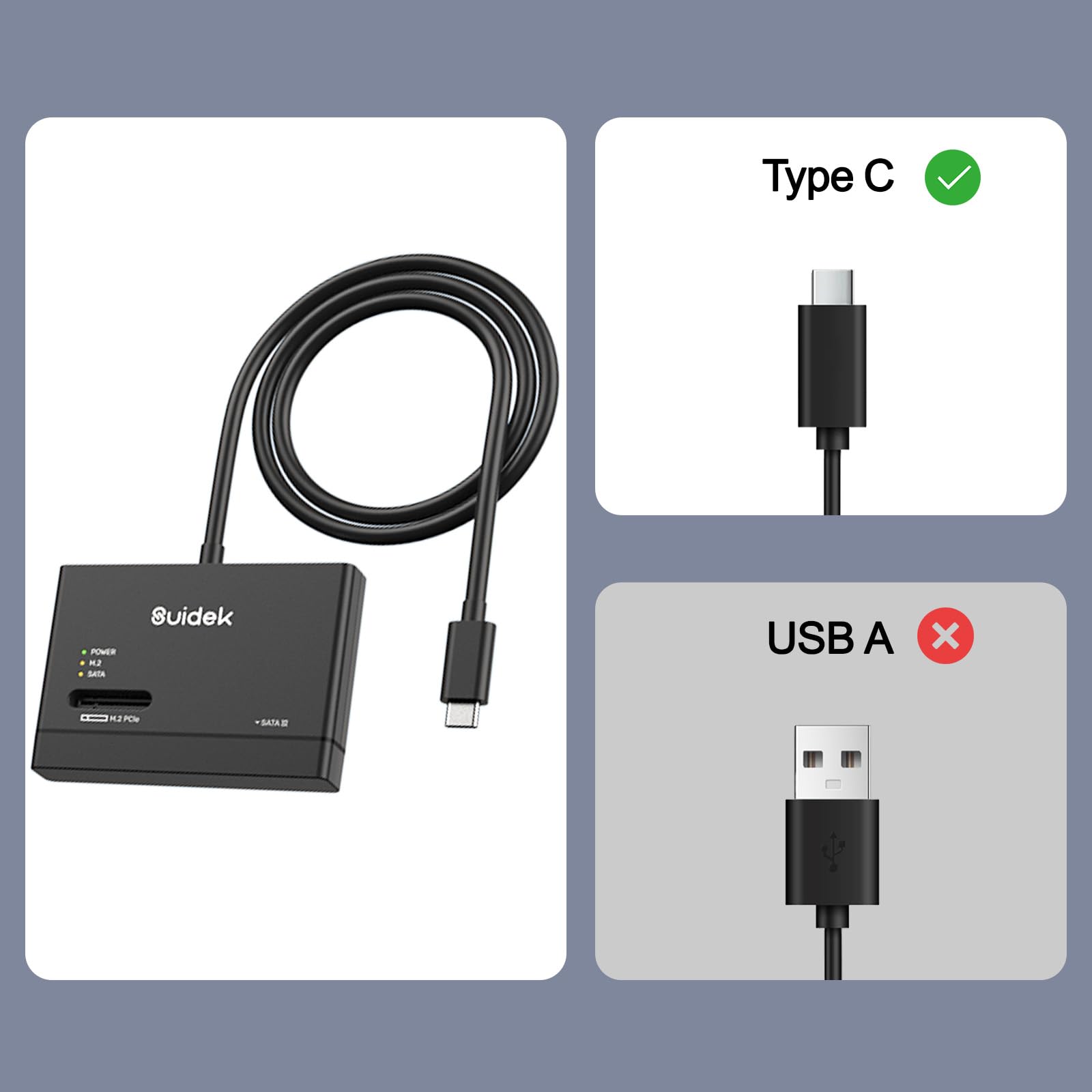 SUIDEK Adaptateur SSD M.2 NVMe, Lecteur de Disque Dur Type-C 10Gbps vers M2 et SATA, Boîtier SSD Externe PCIe NVMe pour Toutes Les Tailles de M.2 (M Key et M+B Key) et SATA 2,5"/3,5"