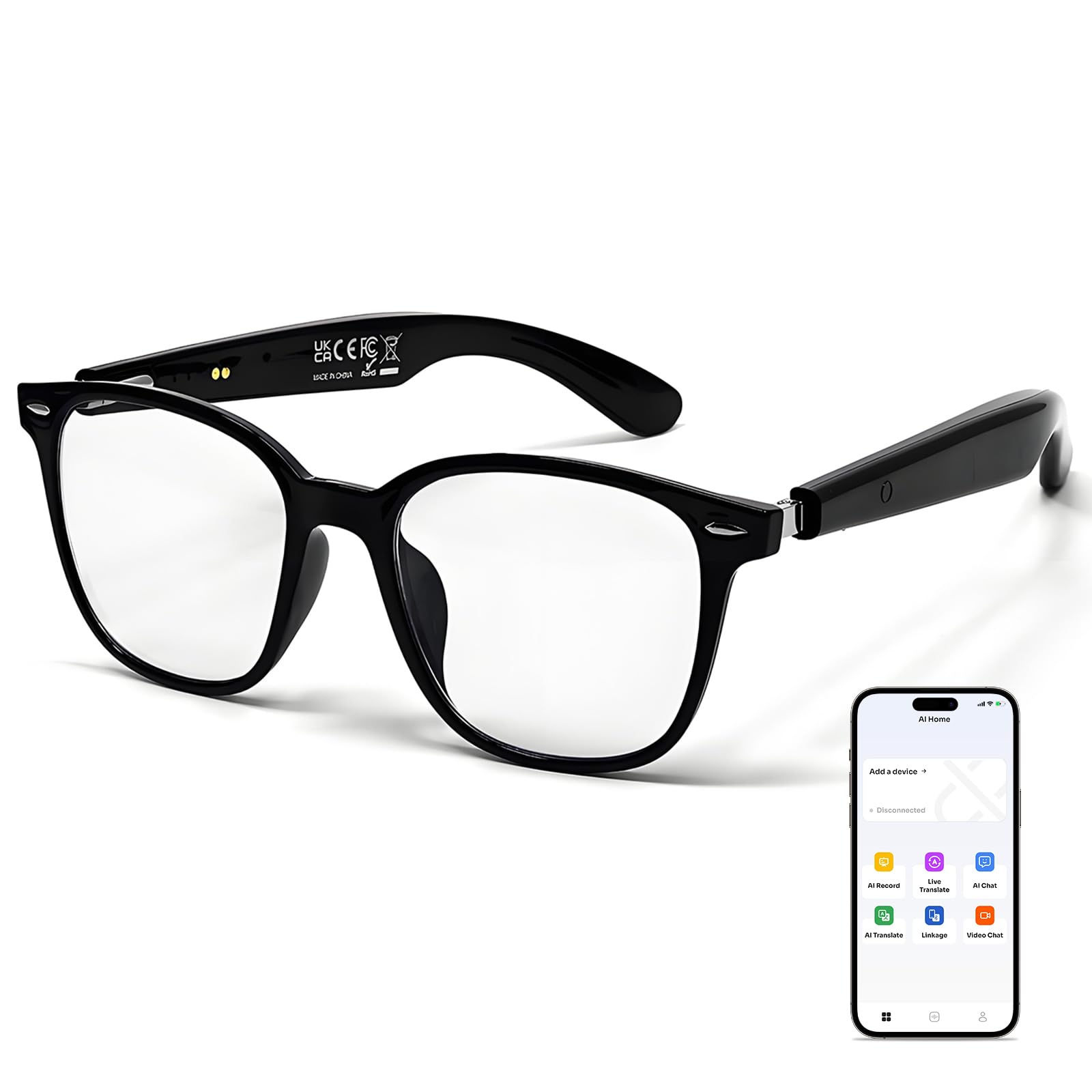 Ai Smart Glasses for Men Women Real-Time Translation Hall-Effect Sensing UV Protection Bluetooth Sunglasses Black Frame Transparent Lens