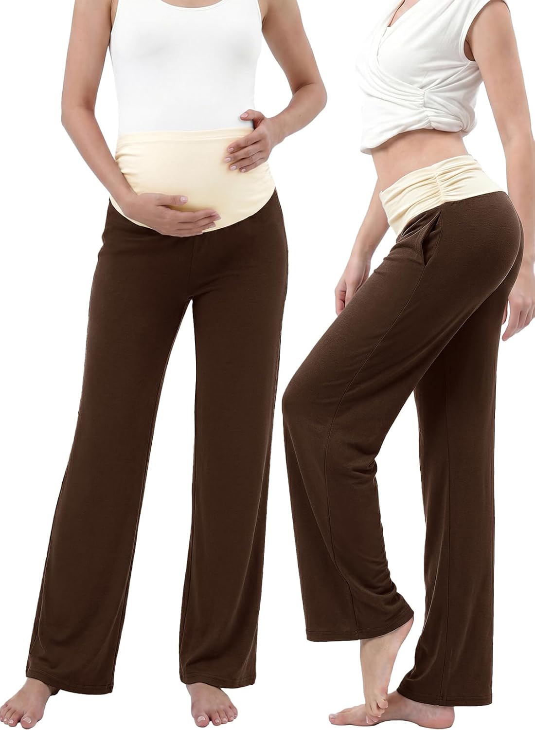 BLENCOT Women's Maternity Pants Wide Leg Over The Belly Pregnancy Pants Stretchy Loose Casual Trousers with Pockets