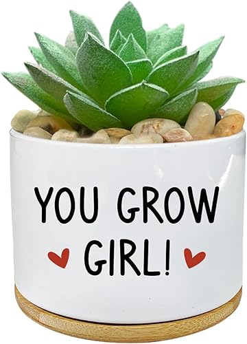 You Grow Girl - Maceta pequeña de cerámica blanca grabada de aloe y cactus, maceta de 3.5 pulgadas con bandeja de bambú para el hogar, oficina,