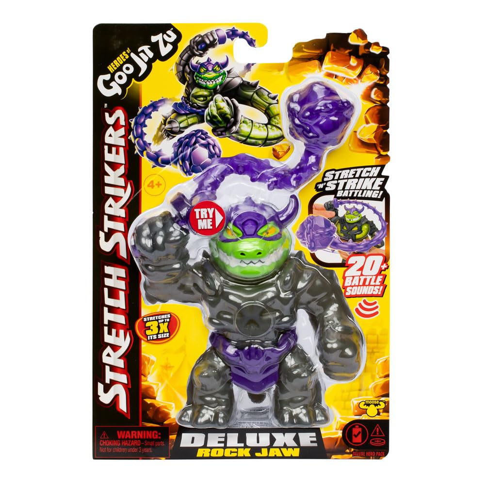 BANDAI Goo Jit Zu Stretch Strikers Deluxe Pack Rock Jaw CO42932 - Figura elastica con luce, suono e braccio di colpo, edizione speciale con effetti interattivi giocattolo ideale per bambini dai 4