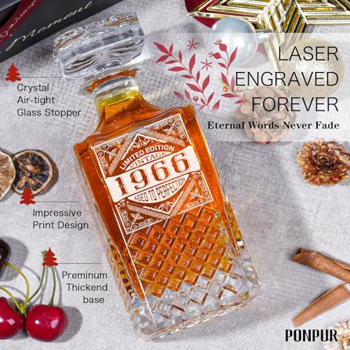 Image of PONPUR 1966 60th Birthday Gifts For Men Dad, 1966 Laser Whiskey Decanter Set with Gift Box, Anniversary Bday Gift Ideas for Him Husband, 60 Years Decorations, Whiskey Glasses & Whisky Stones Inc.