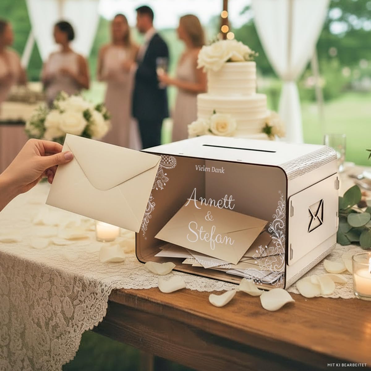 Kartenmachen.de Personalisierte Hochzeit Geschenkkartenbox Rustikal mit Lasergravur Weiß, 34x22cm Groß, Stecksystem, HDF und Acrylglas, Vorderseite transparent