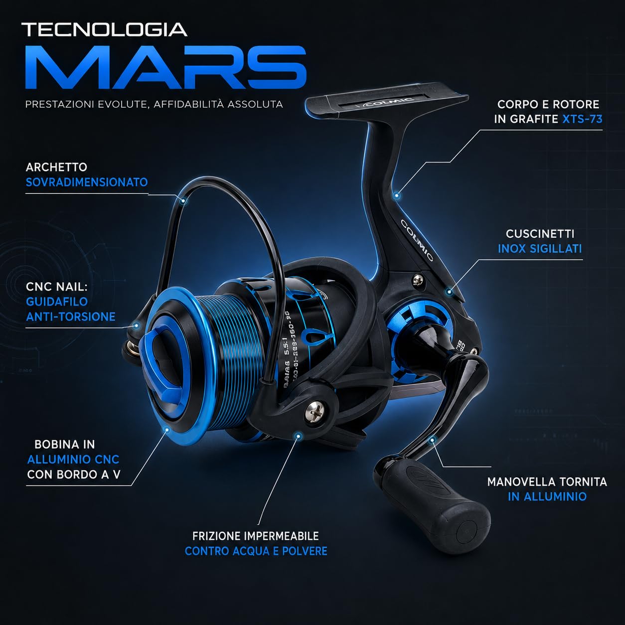 Colmic MARS Mulinello da Pesca Spinning | Grafite XTS-73, Bobina Alluminio CNC | Frizione Impermeabile | Taglie 1000-8000 | Mulinello Spinning, Feeder, Surfcasting, Carpa