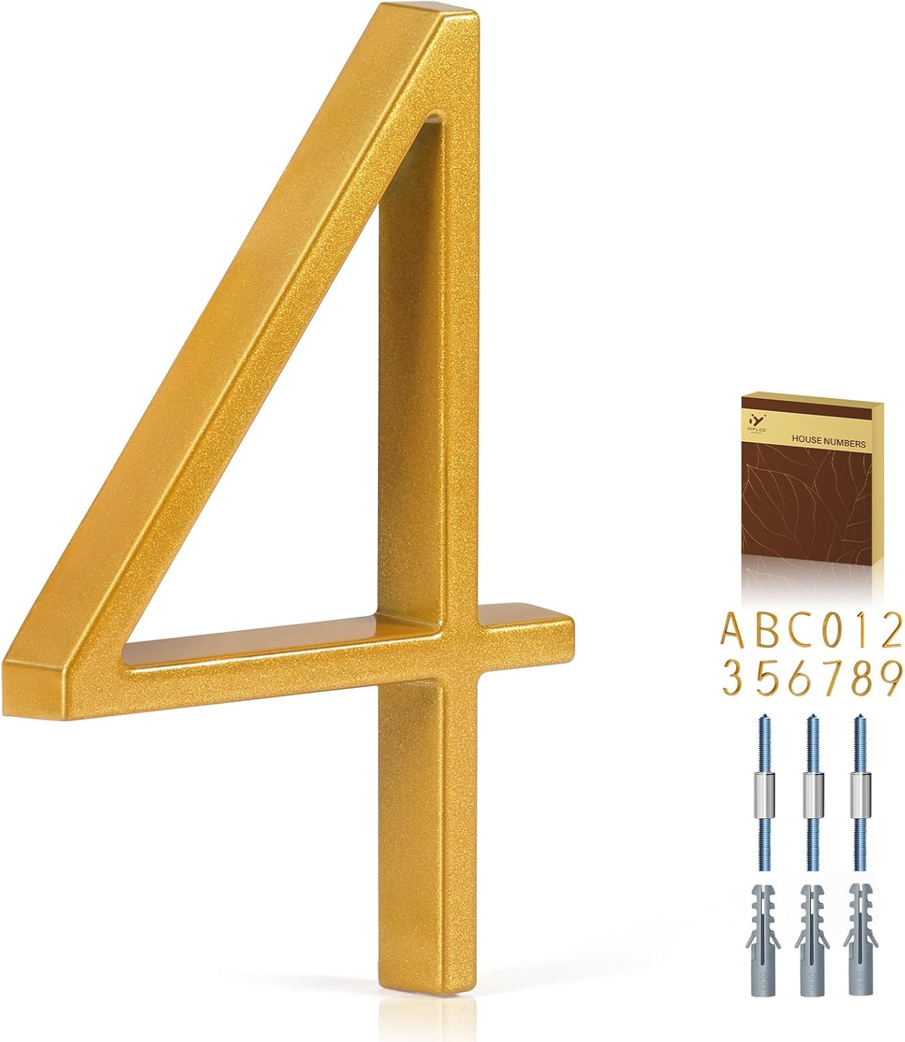 5 Inch House Numbers for Outside, Metal Address Number 4 - Modern Design, Weather-Resistant Gold Powder Coated Finish, No Fading (Gold)
