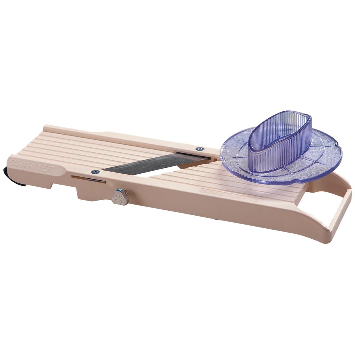 Benriner - Mandoline Japonaise Premium 64 mm + Poussoir de sécurité 65 mm - ABS + Inox - Tranche Fruits et Légumes et Réalise Frites et Juliennes - 3 Lames Interchangeables