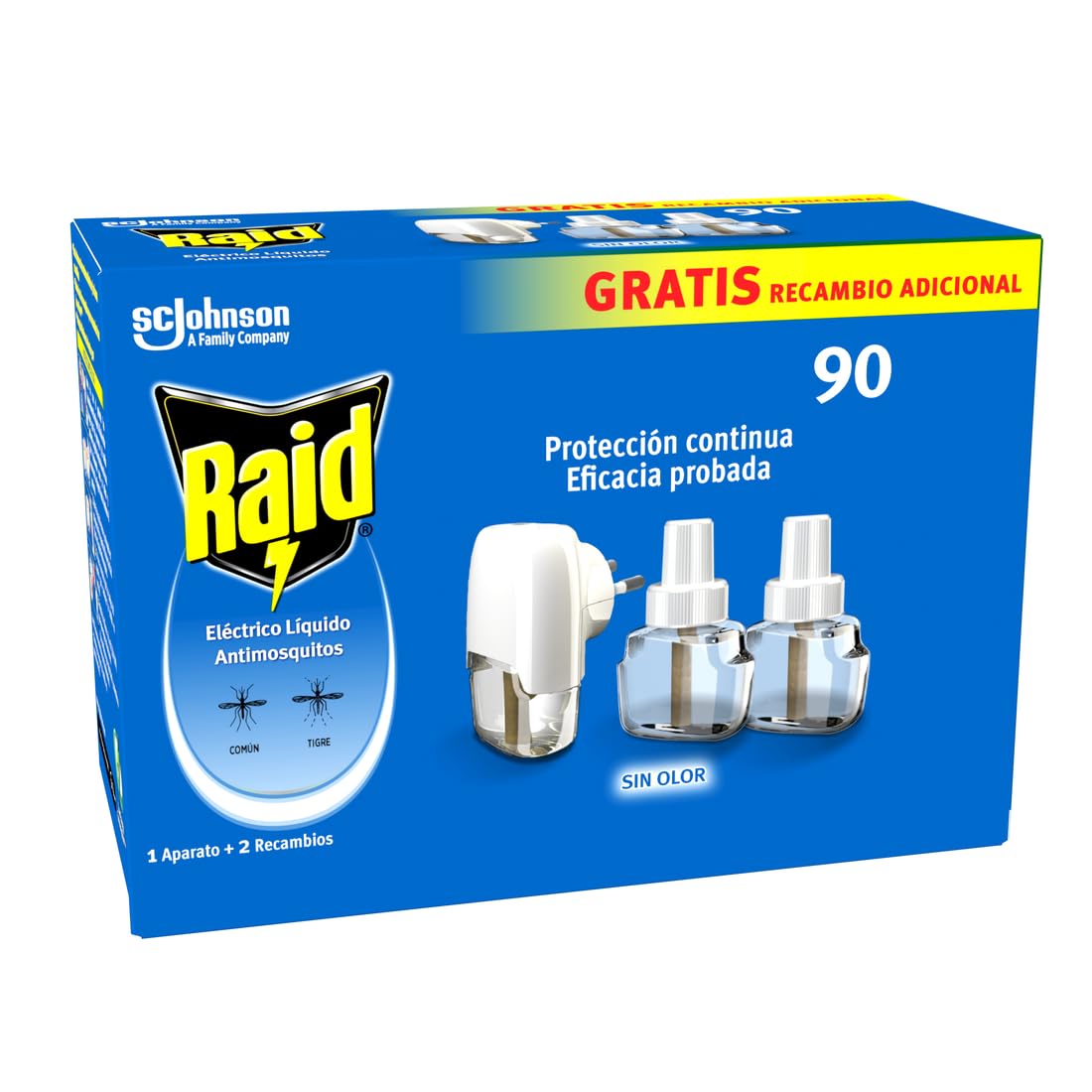 Raid Eléctrico Anti Mosquitos Comunes y Tigre 90 Noches con Aplicador y 2 Recambios - 54 Mililitros (2 x 27ml), El embalaje puede variar