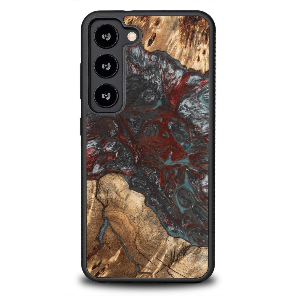 Unique Case kompatibel mit Samsung Galaxy S23, Handgefertigte Schutzhülle aus Naturholz und Harz, Planets Pluton Design, Stoßfest und rutschfest