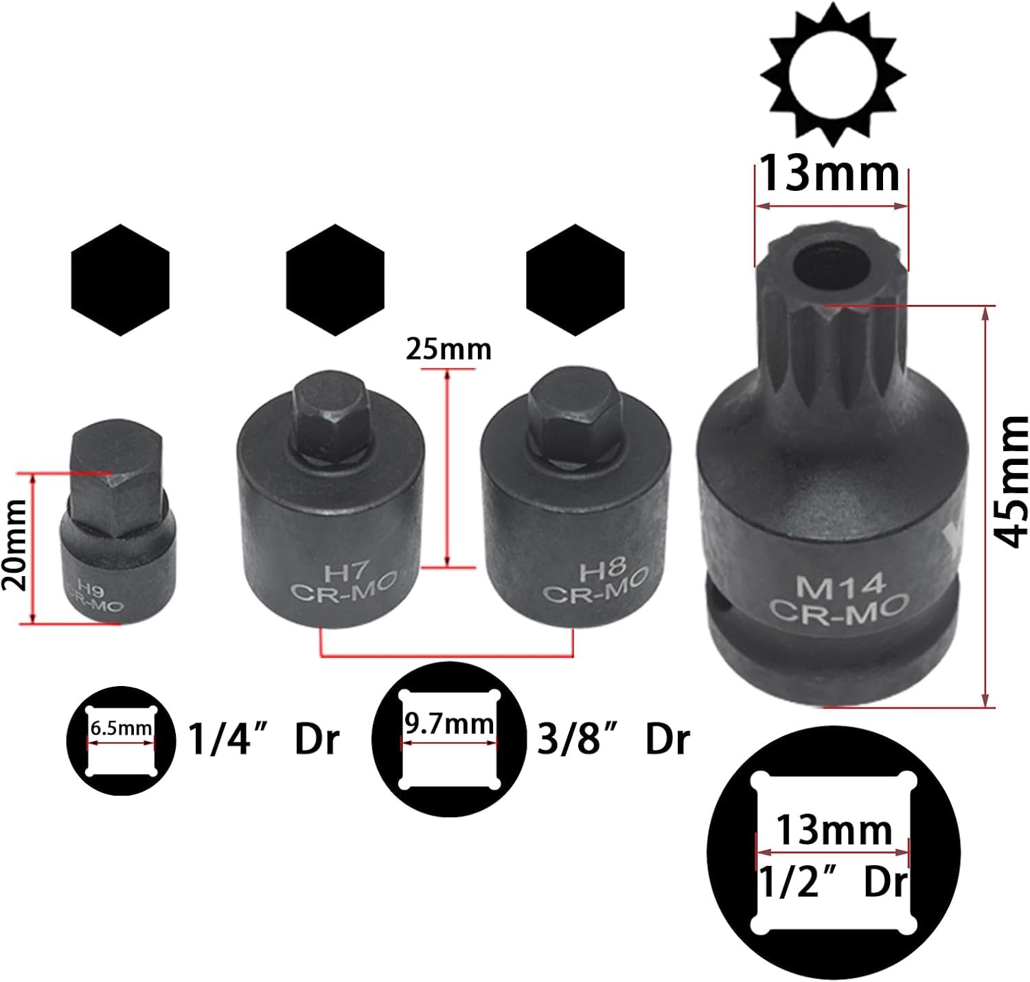 18PCS Brake Caliper Socket Set Kit, Brake Adjusting Tools, Brake Caliper Tool H7 H8 H9 Hex Sockets M14 Compatible for Audi VW Ford Porsche Benz BMW Mazda