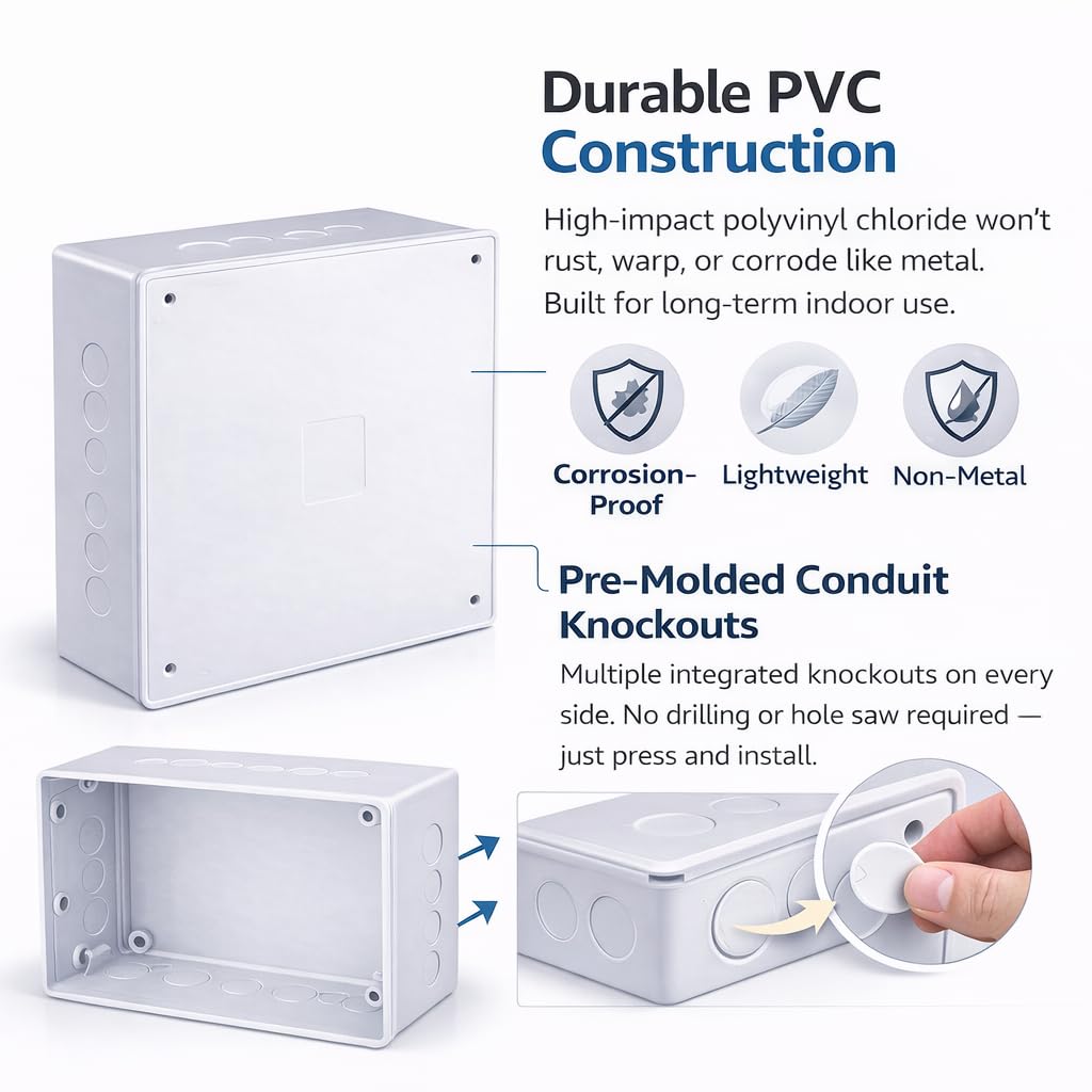 6" x 6" x 3" White PVC Junction Box – Heavy-Duty Plastic Electrical Conduit Box with Pre-Molded 3/4" & 1" Knockouts, Snap-Off Cover & Metal Lid Screws Included — Amazon image 3
