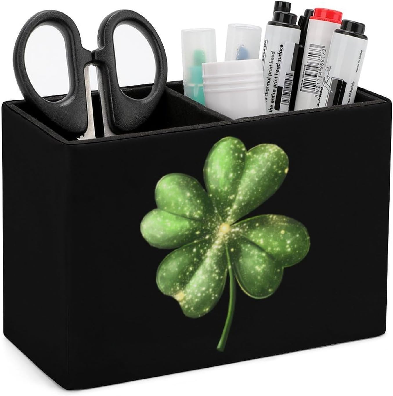 Leaf Clover St-Patrick's-Days Shamrock Pencil Pen Holder PU Leather Desk Storage Organizer Makeup Brush Box