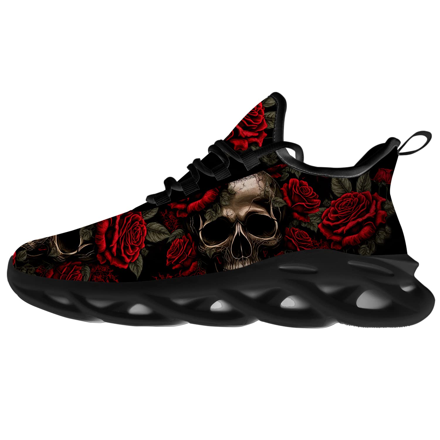 Skull Shoes for Women Men Red Rose Flower Vintage Retro Skull Tennis Sneakers Running Walking Shoes Gifts for Her Him,Size 6 Men/8 Women Black