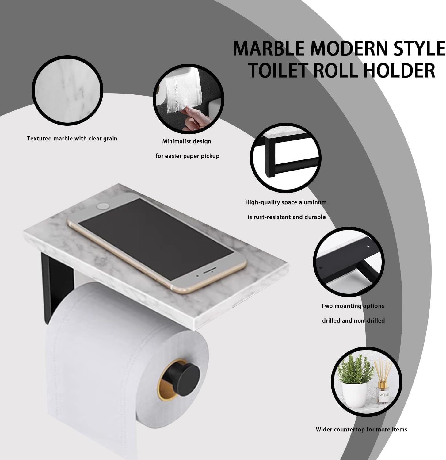 Porte-papier toilette Witte sans perçage, porte-papier en marbre naturel, support de