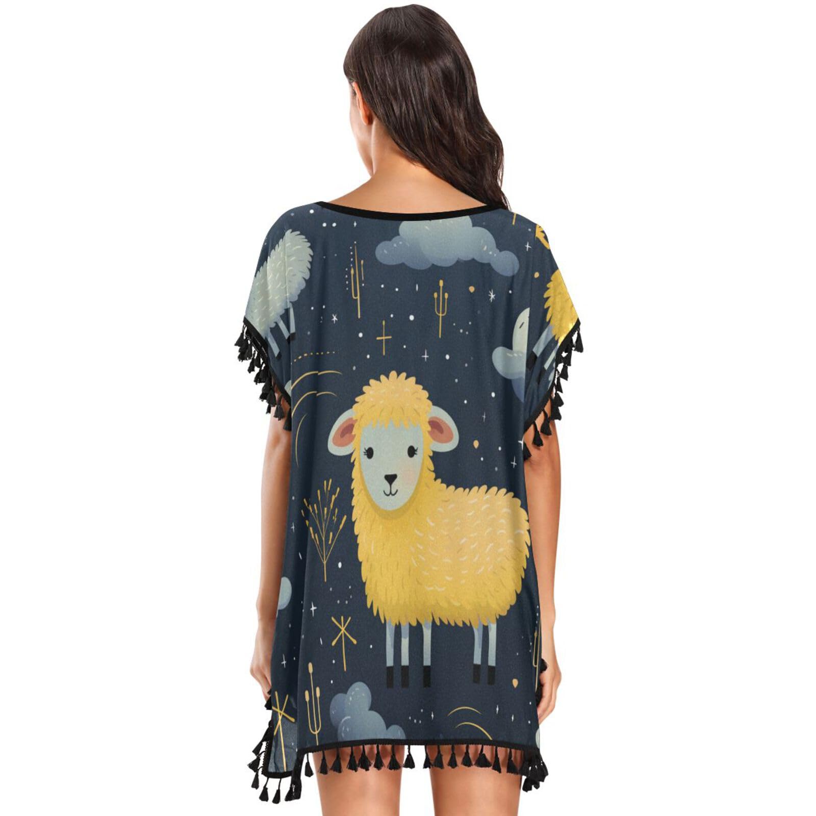 KAAVIYO Cute Stars Sheep Galaxy Women's Beach Cover Up Chiffon Tassel Swimwear Swimsuit Coverups for Girl