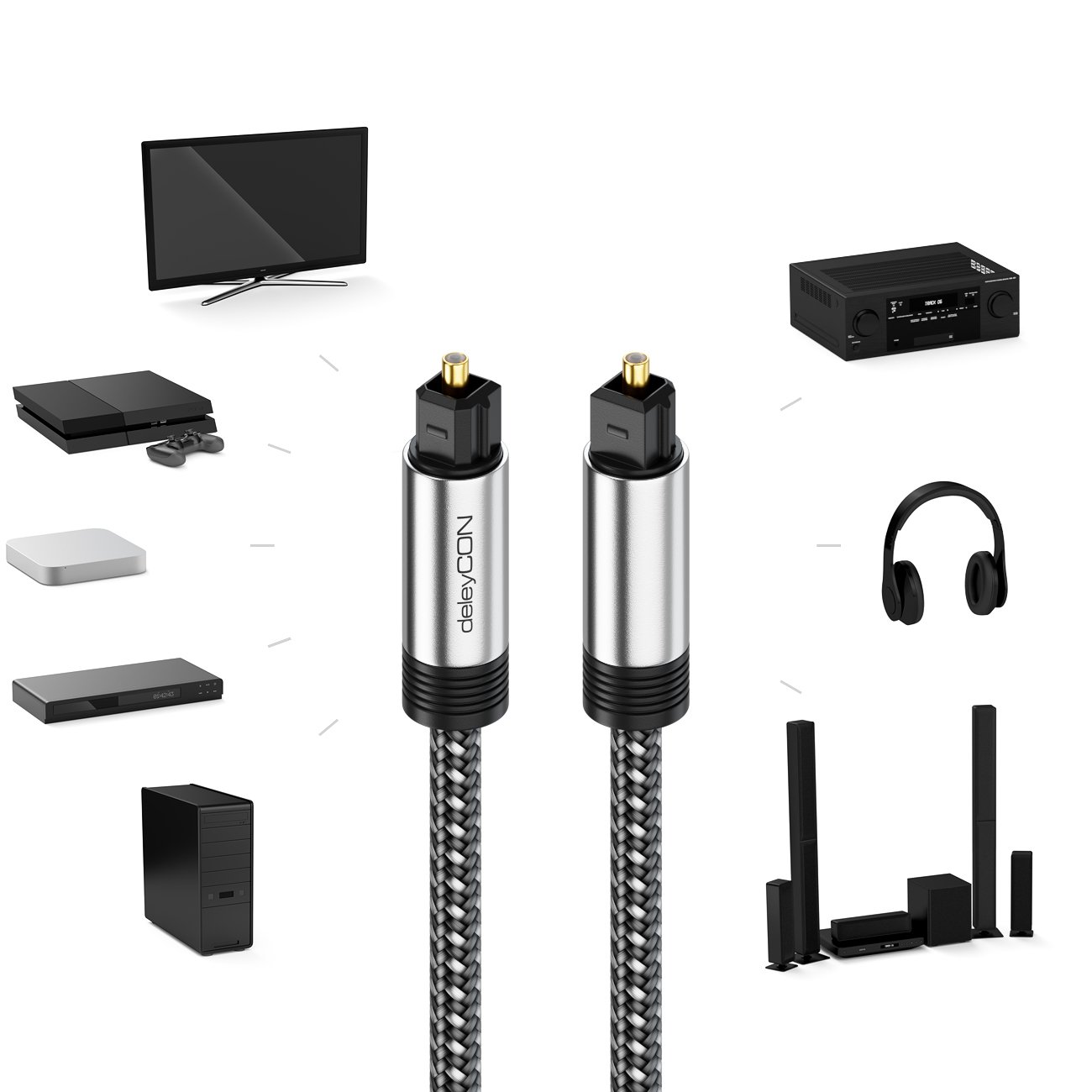 deleyCON 15m Câble Toslink Audio Numérique Optique avec Connecteur Métallique & Gaine Nylon - SPDIF Fibre Optique