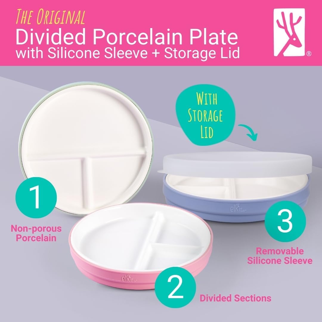 Elk and Friends Kids 7.8” Porcelain White Divided Plates with Silicone Sleeves + Lids, Blush/Misty Blue/Sage/Lilac - Image 2