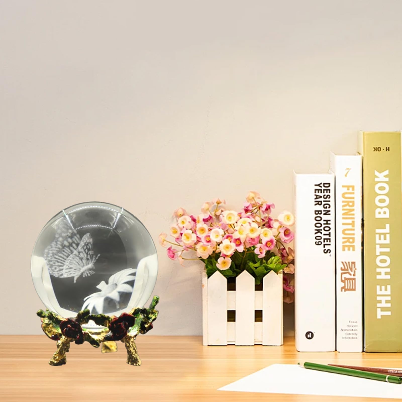 Boule de Cristal Papillon de 60 mm, Gravée au Laser 3D Presse Papier, Boule de cristal, avec support, Décoration de table, Cadeaux pour femmes